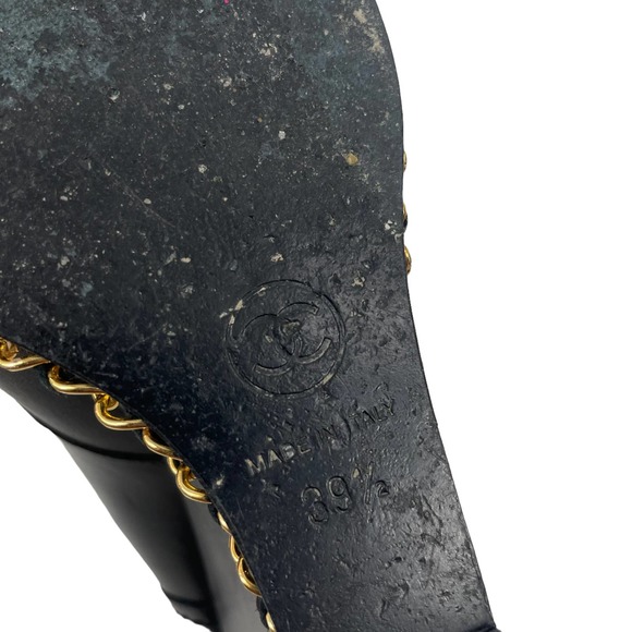 Chanel CC Logo Wedge Ankle Boots Gold Chain Black Size 39.5 - Picture 8 of 12